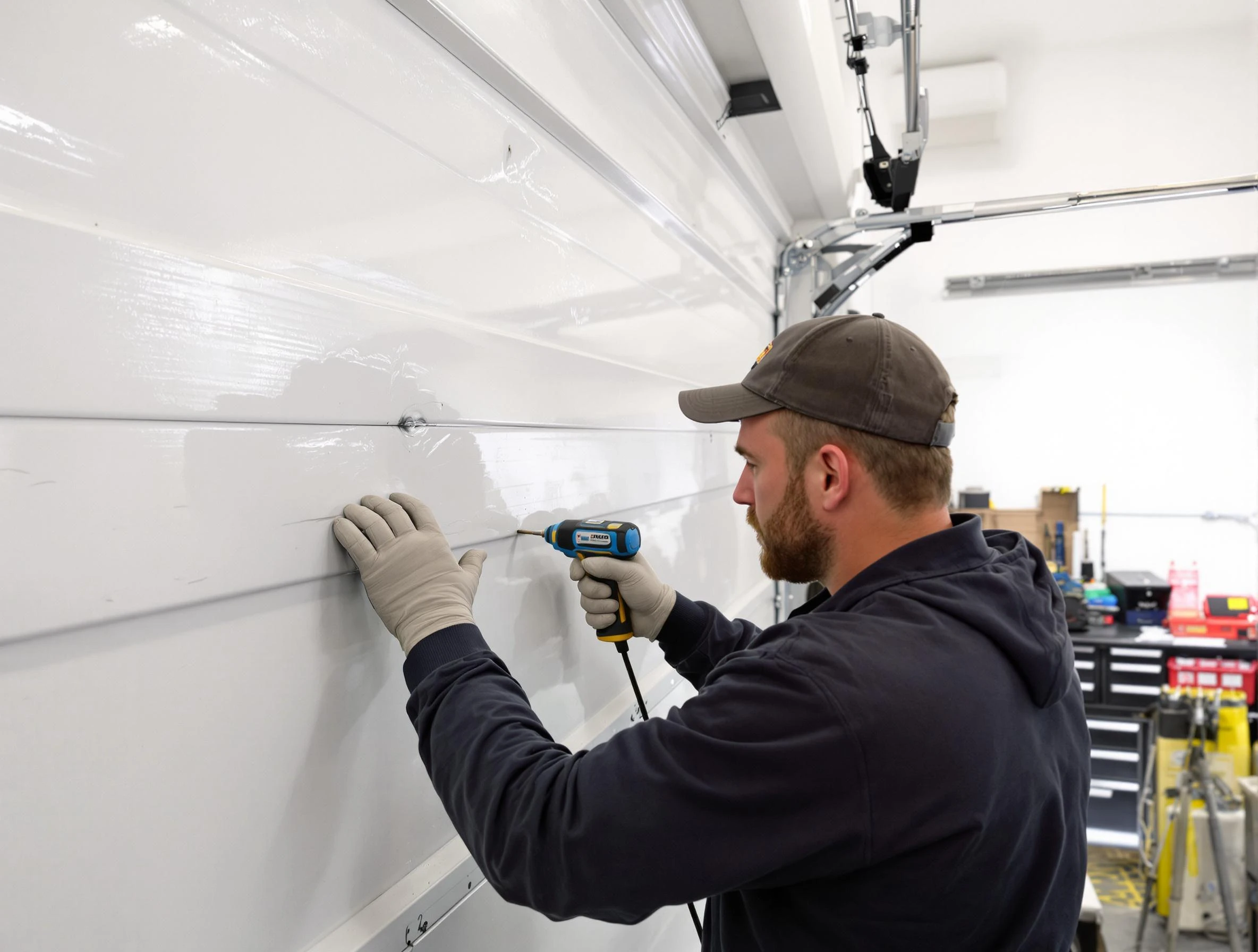 Cedar Hills Garage Door Repair technician demonstrating precision dent removal techniques on a Cedar Hills garage door